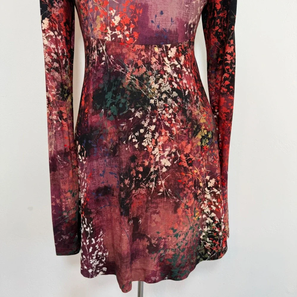 Peruvian Connection Floral Print Tunic Dress Burgundy Small Boho Art To Wear - Picture 9 of 13